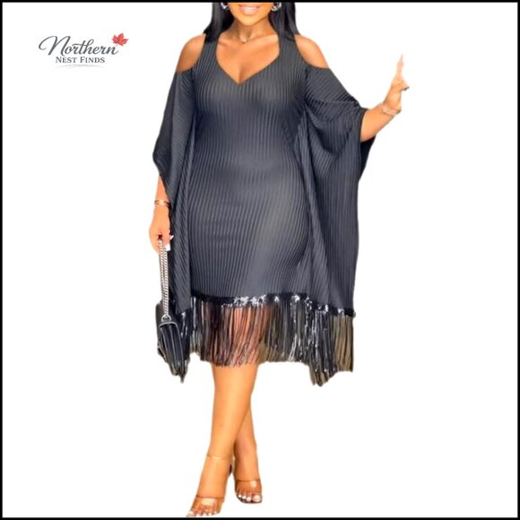 Sequin Fringe Batwing Sleeve Midi Dress Polyester Spandex Club Party - Picture 1 of 3
